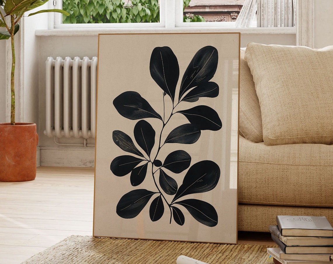 Moody Botanical Black Leaves Cream Background Minimal Wall Art
