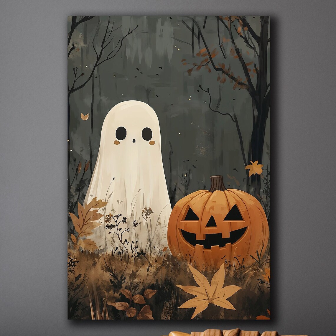 Cute Ghost And Jack-O-Lantern In Autumn Forest Halloween Poster