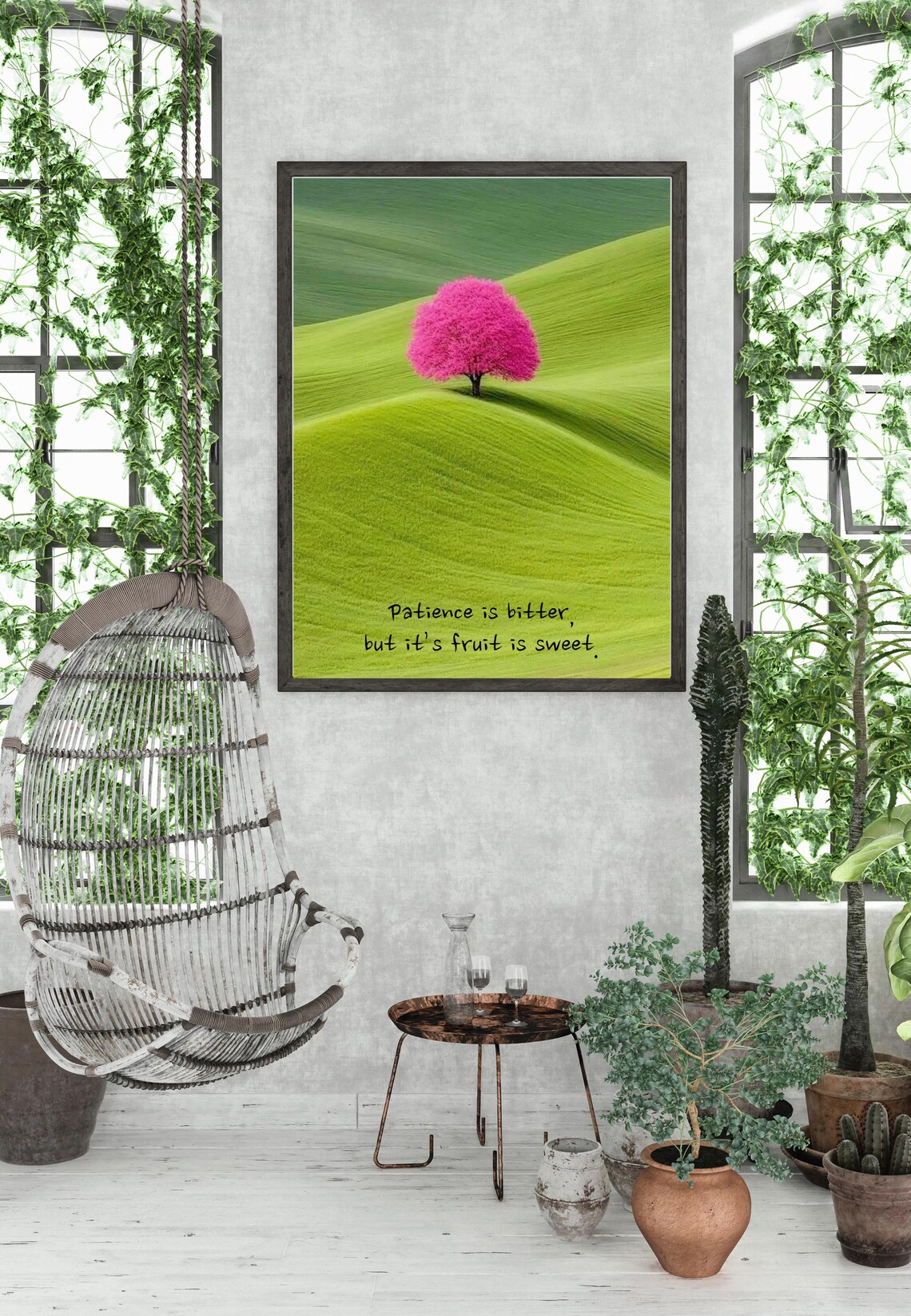 Pink Blossom Tree Rolling Green Hills Patience Quote Nature Poster