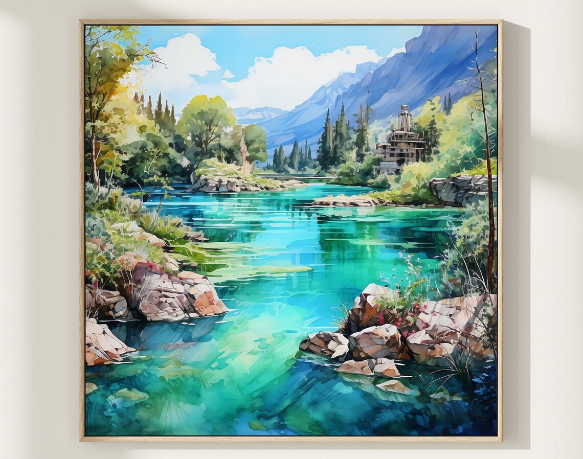 Turquoise Mountain River Watercolor Painting Rocky Gorge Pines Art Poster