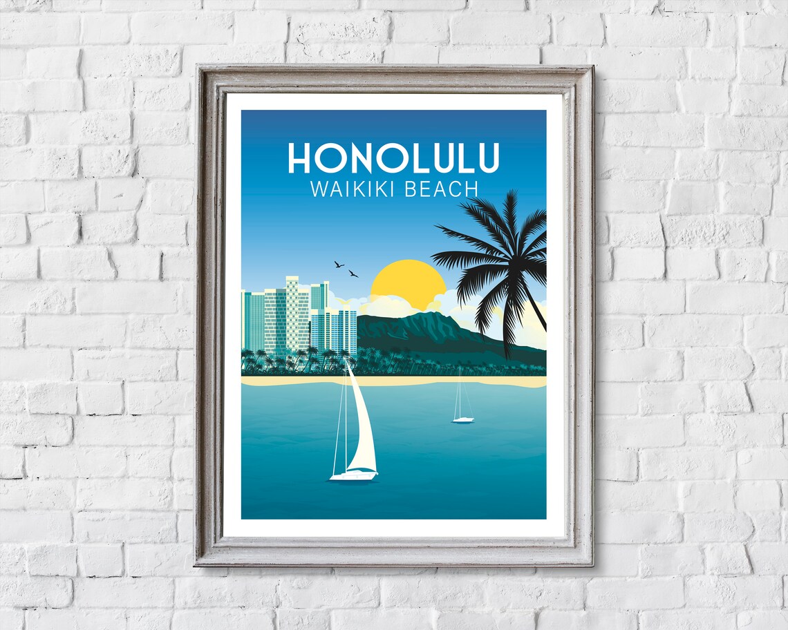 Honolulu Waikiki Beach Travel Poster, Hawaii USA - Image 2