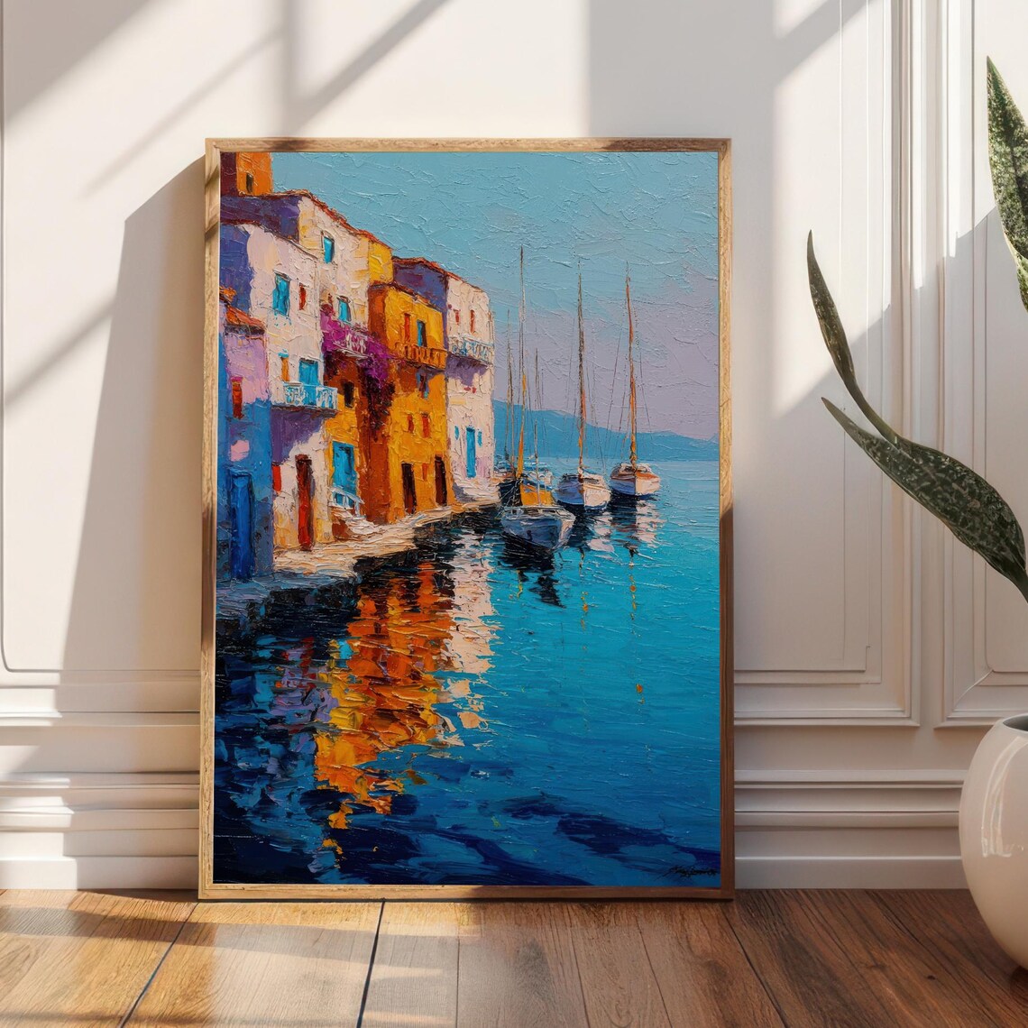 Mediterranean Harbor Sailboats Colorful Coastal Town Painting Poster