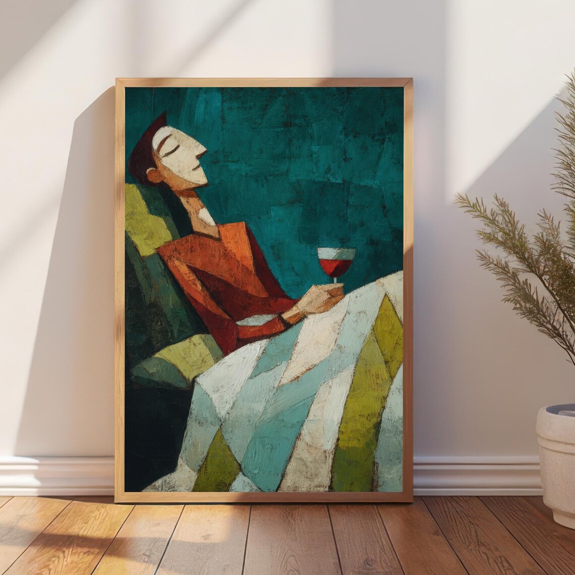 Cubist Reclining Man With Wine Glass Modern Abstract Art Poster