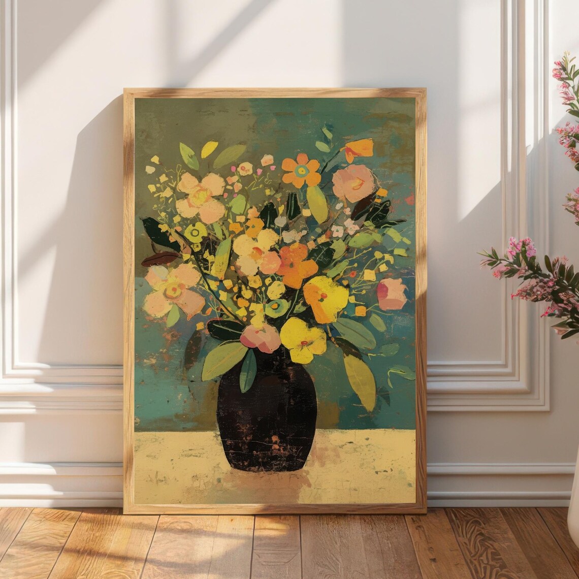 Colorful Wildflower Bouquet in Dark Vase Still Life Art Print