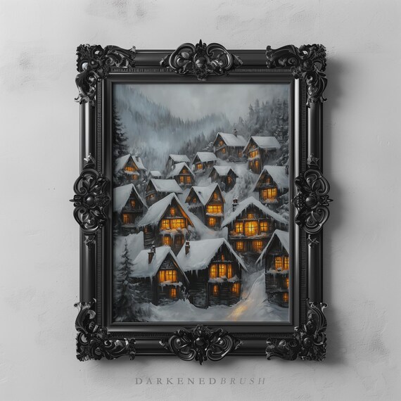 Snowy Mountain Christmas Village Glowing Windows Night Poster