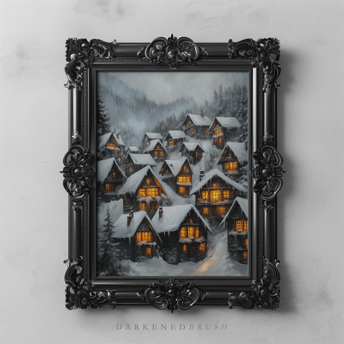 Snowy Mountain Christmas Village Glowing Windows Night Poster