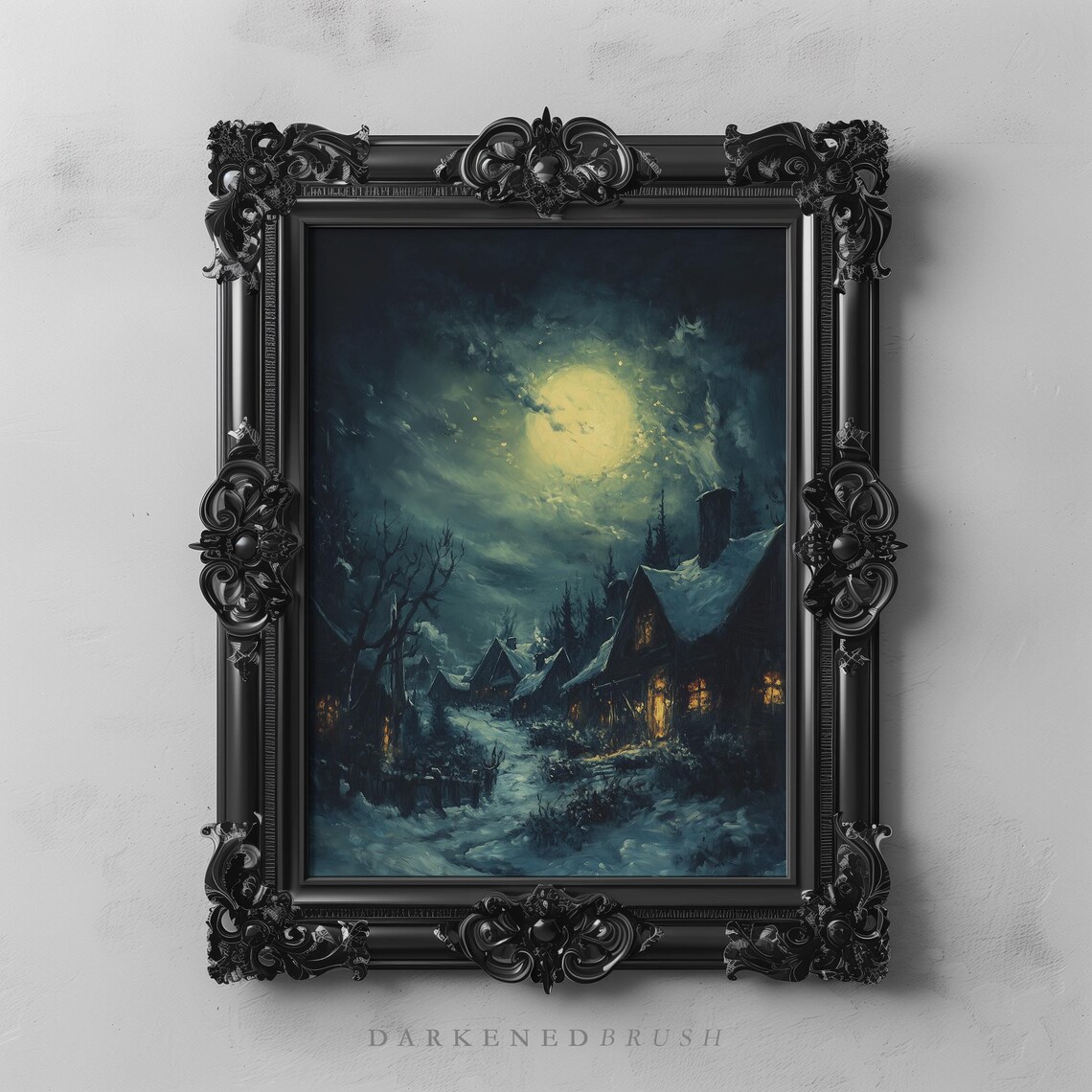 Moonlit Gothic Winter Village Snowy Night Dark Holiday Poster