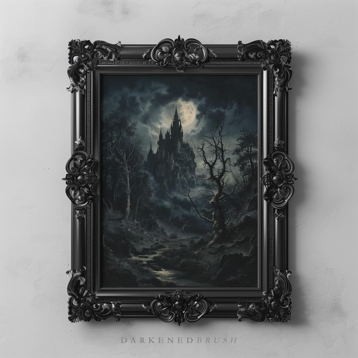 Gothic Castle Under Moonlight Dark Forest Haunted Landscape Poster