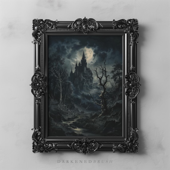 Gothic Castle Under Moonlight Dark Academia Wall Art Haunted Landscape Spooky Decor Fantasy Halloween