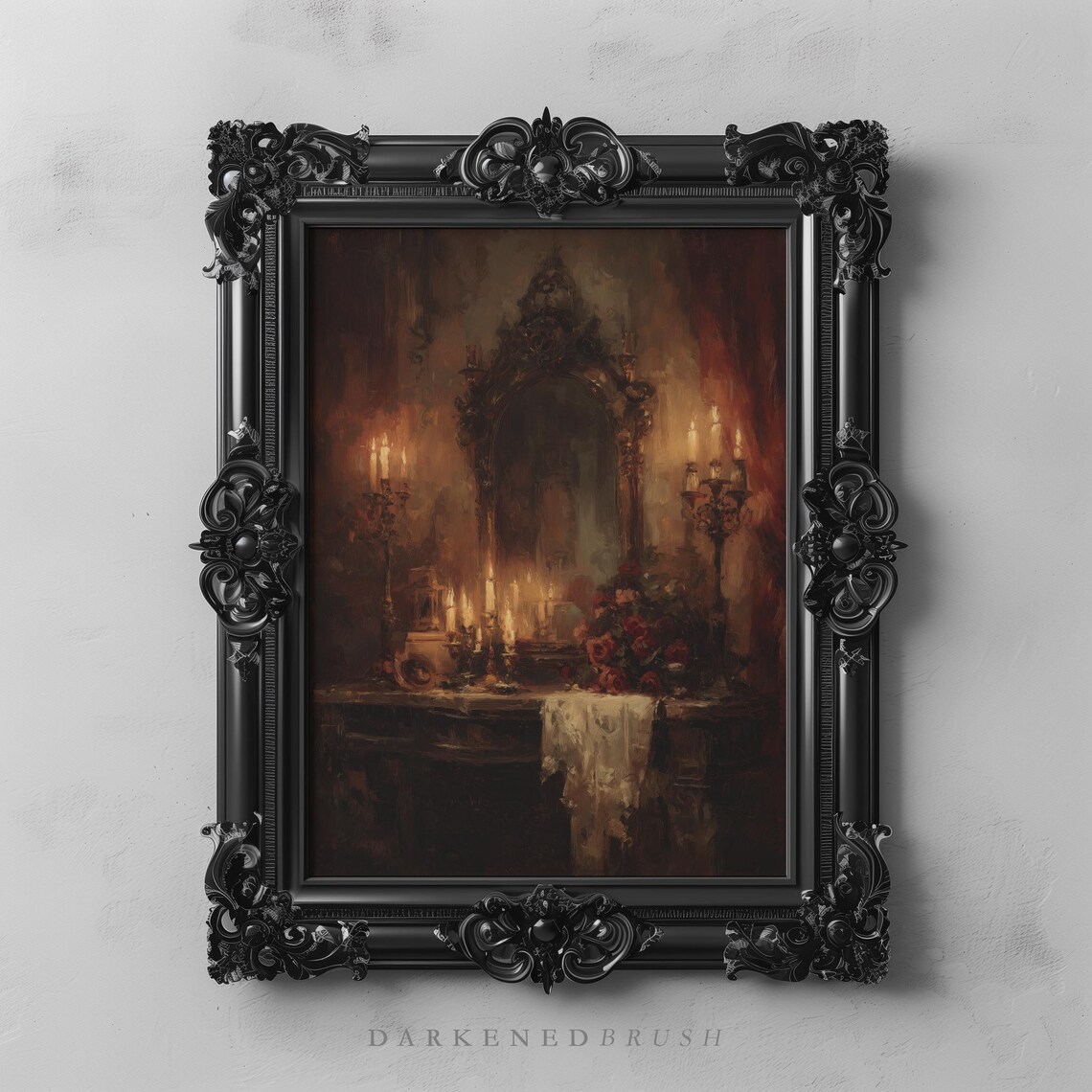 Roses On Vintage Candlelit Vanity Gothic Art Print