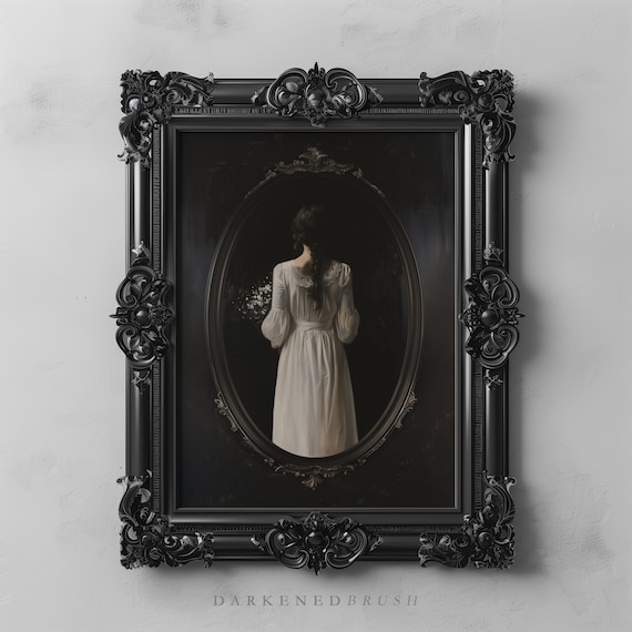 Mysterious Woman In Oval Mirror Art Dark Occult Witchy Wall Decor Academia Prints Oil Painting Pagan