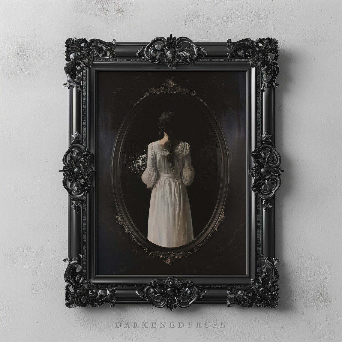 Woman in White Dress Reflected in Dark Oval Mirror Academia Poster