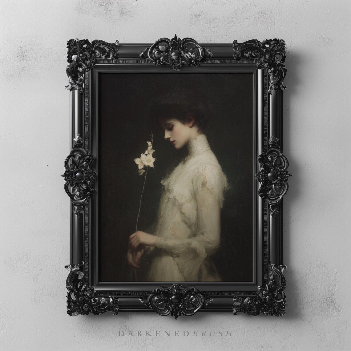 Victorian Girl White Flower Moody Dark Academia Oil Portrait Poster