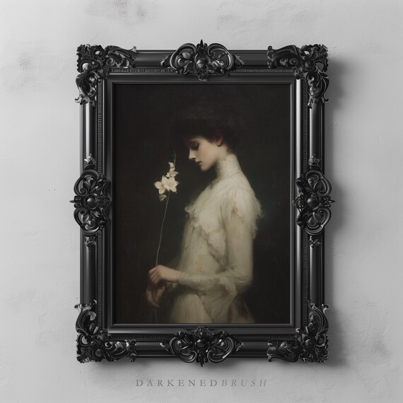 Victorian Girl Holding Single White Flower Moody Dark Academia Romantic Woman Portrait Vintage Oil Painting Decor 335