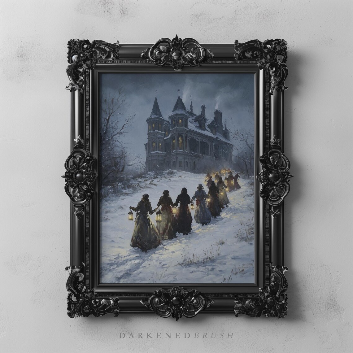 Haunted Mansion in Snow Women with Lanterns Gothic Winter Poster