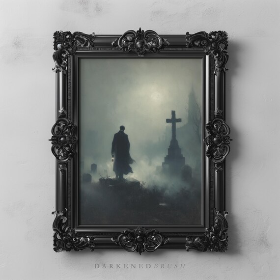 Gothic Cemetery Art Dark Academia Moody Wall Decor Mystery Lantern Misty Graveyard Witchy