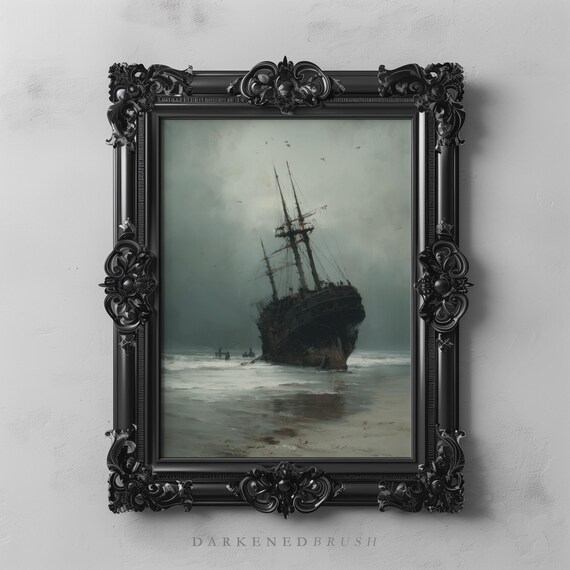Abandoned Shipwreck On Haunted Shore Gothic Ocean Wall Art Stormy Seascape Decor Dark Academia Oceancore Coastal 113