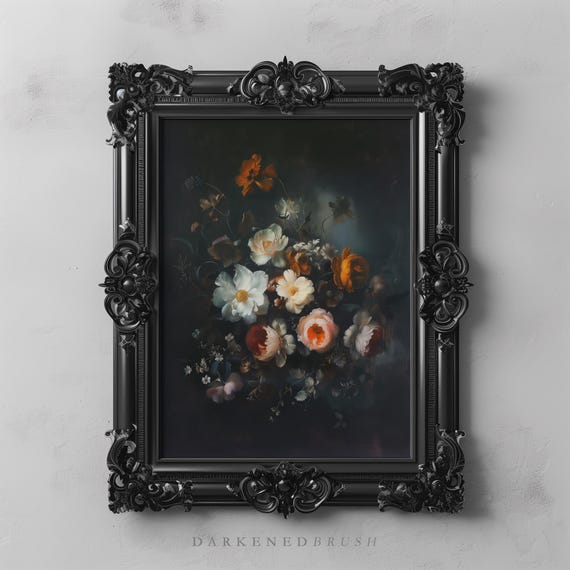 Moody Dark Academia Floral Art Gothic Flower Wall Vintage Oil Painting Botanical Decor