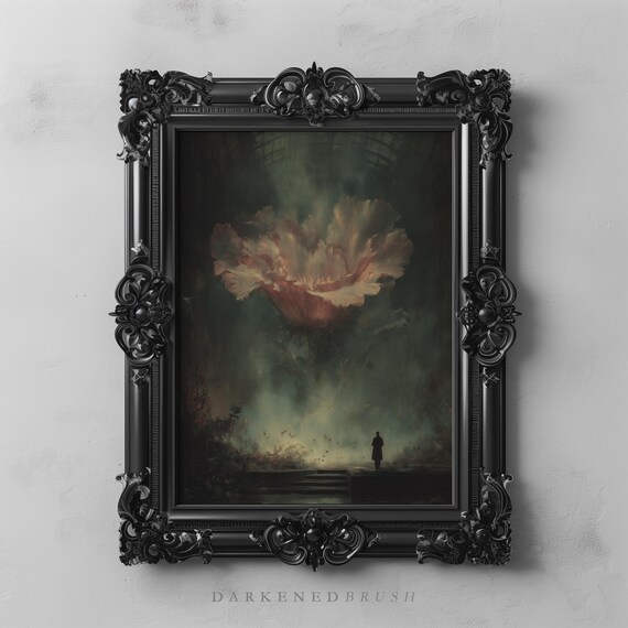 Tiny Figure Beneath Glowing Floating Flower Surreal Gothic Dark Botanical Nature Fantasy Floral Romantic Landscape Art 234