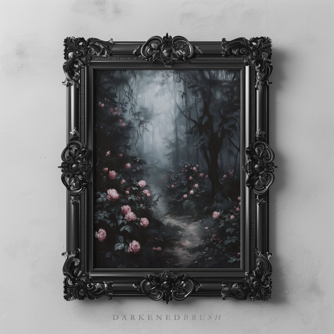 Dark Floral Roses In Gothic Forest Art Print