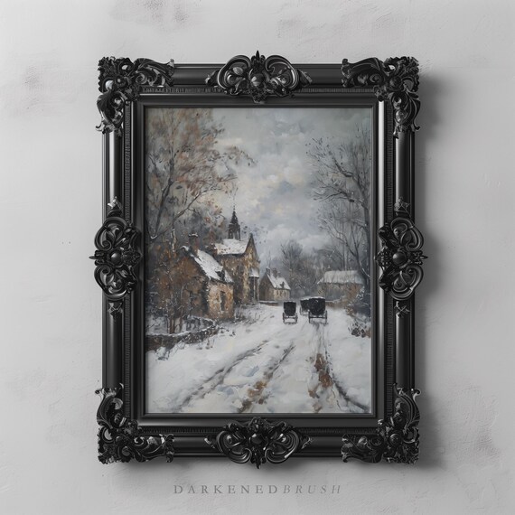 Vintage Winter Village Art Rustic Farmhouse Decor Country Moody Oil Painting Countryside Snowy Landscape Wall