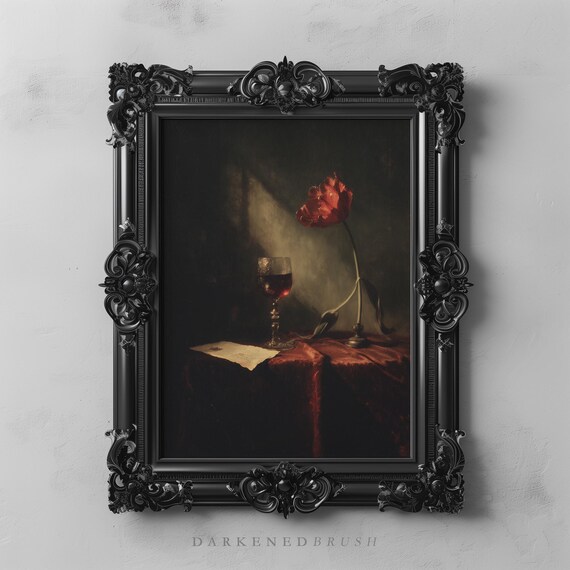 Gothic Red Tulip Wine Glass Still Life Wall Art Dark Academia Decor Botanical Vintage Romantic Flower