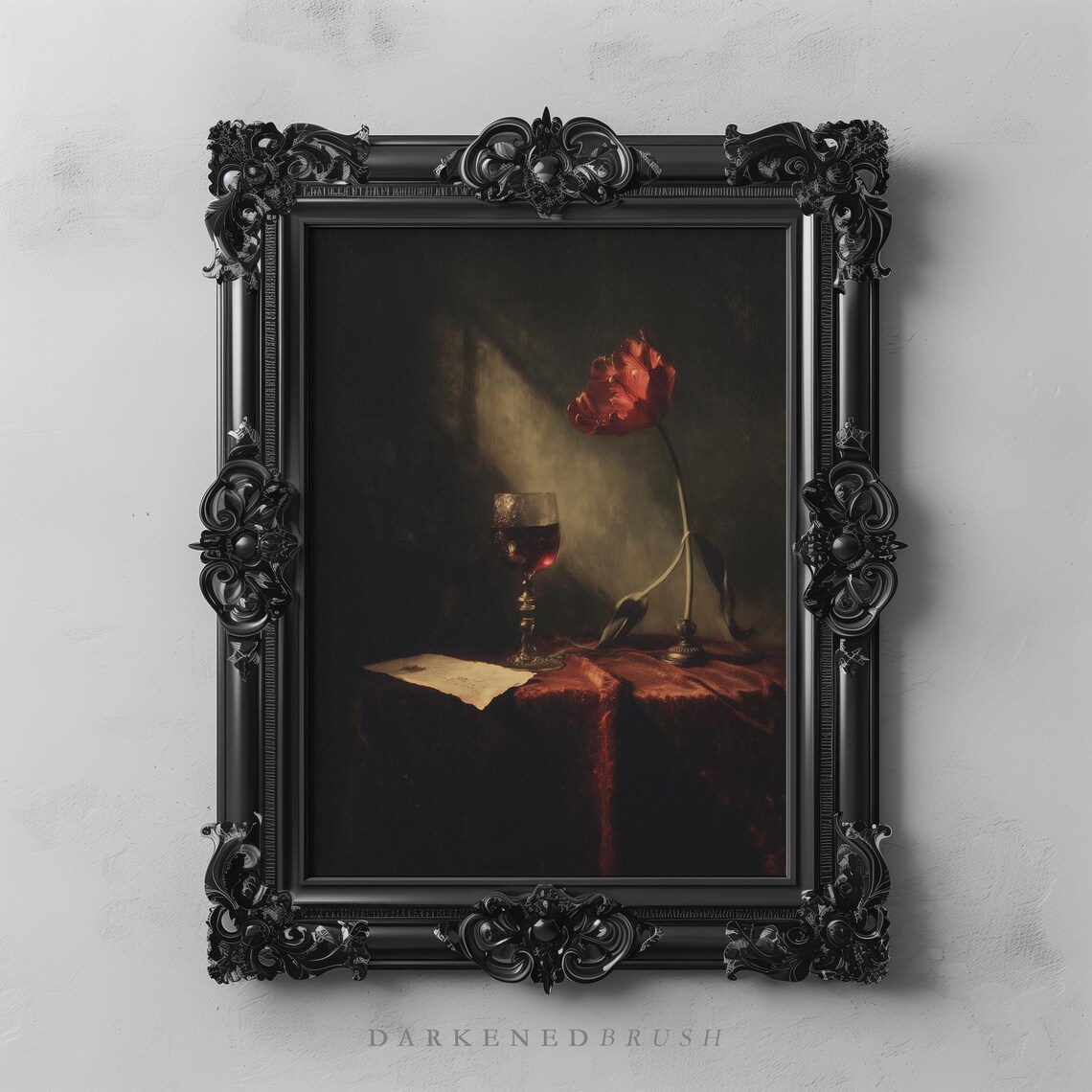 Gothic Red Tulip Wine Glass Still Life Wall Art Dark Academia Decor Botanical Vintage Romantic Flower