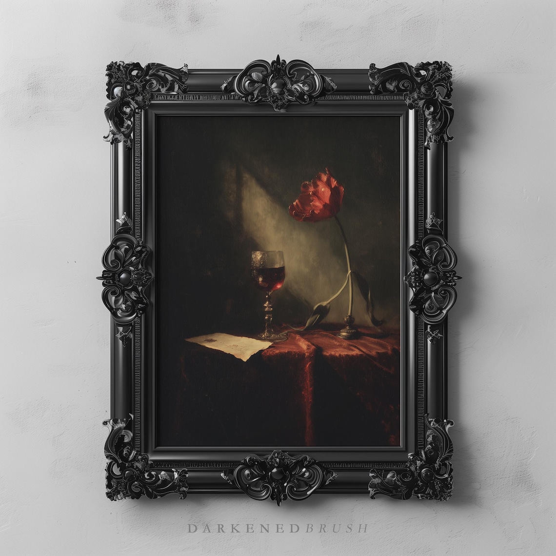 Red Tulip and Wine Glass Dark Moody Still Life Oil Painting Wall Art