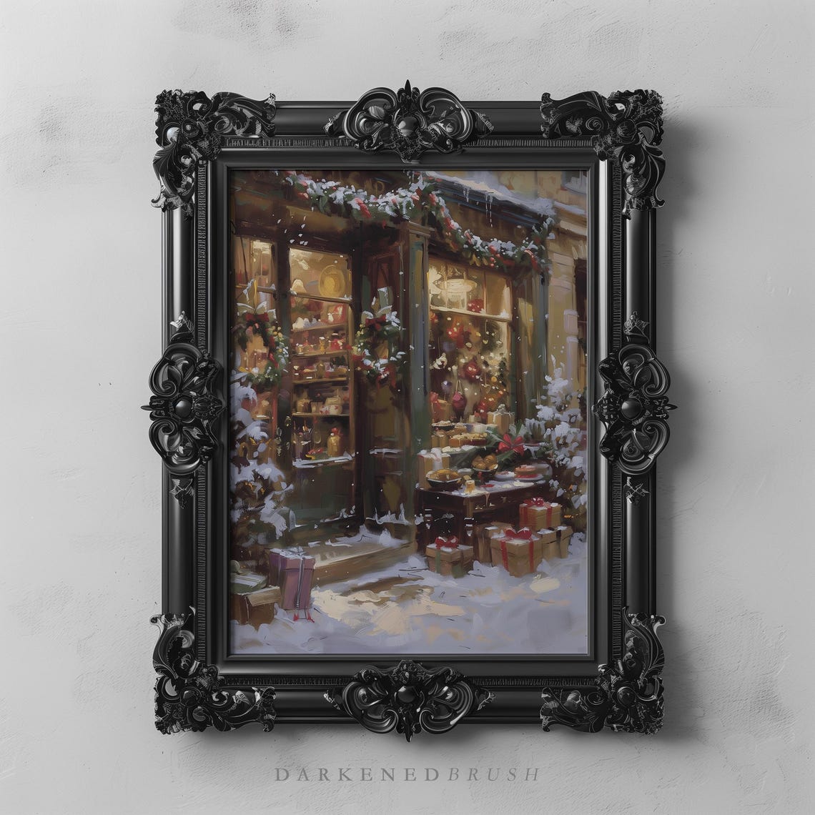 Vintage Christmas Shop Snowy Storefront Cozy Holiday Art Poster