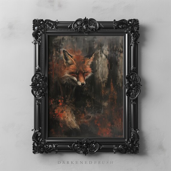 Vintage Fox Forest Painting Animal Wall Art Gothic Oil Dark Academia Print Moody Goth Decoration