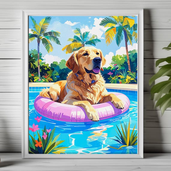 Golden Retriever Wall Art Summer Dog Tropical Pool Print Funny Vibe Happy Poster 253