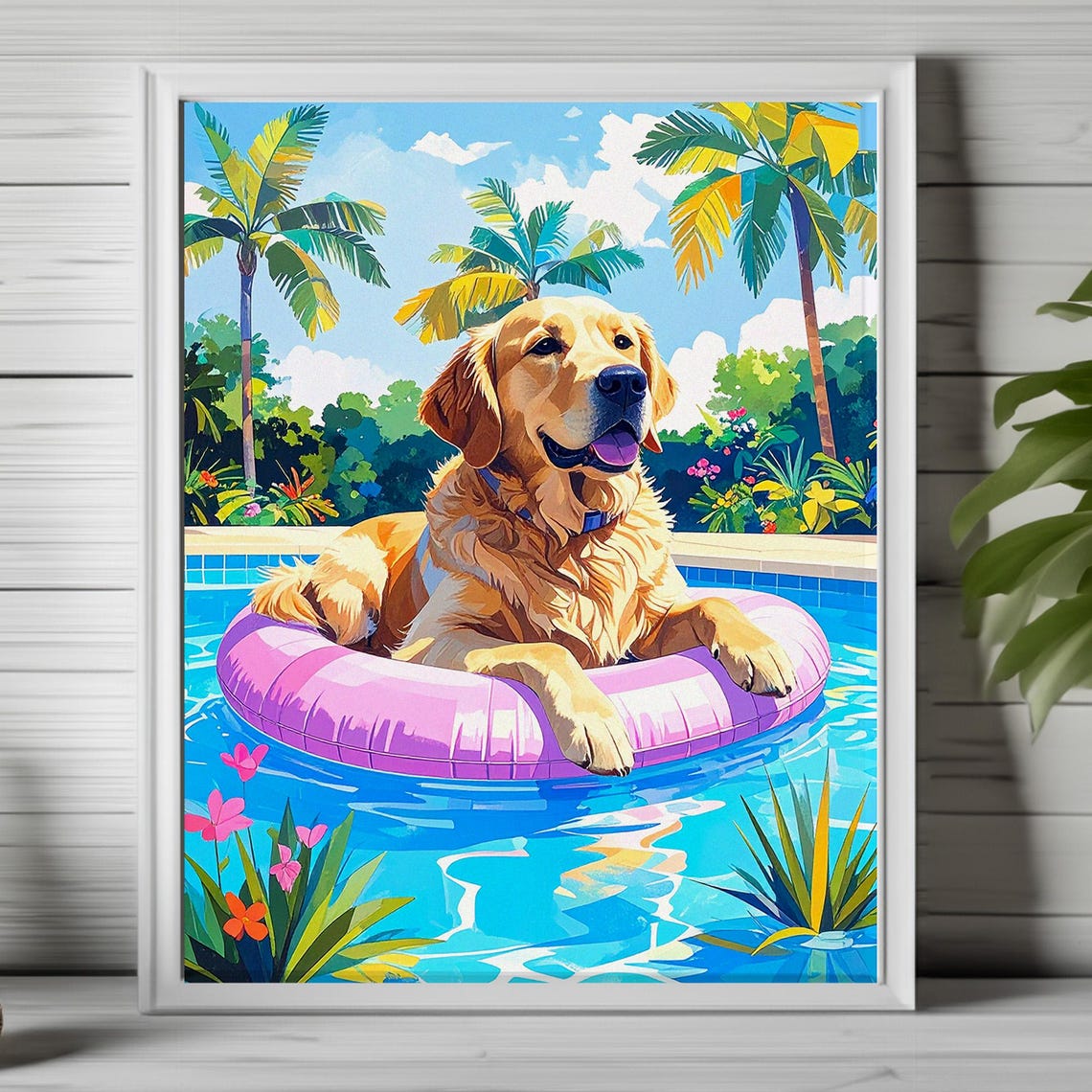 Golden Retriever Floating on Pink Ring in Tropical Pool Poster