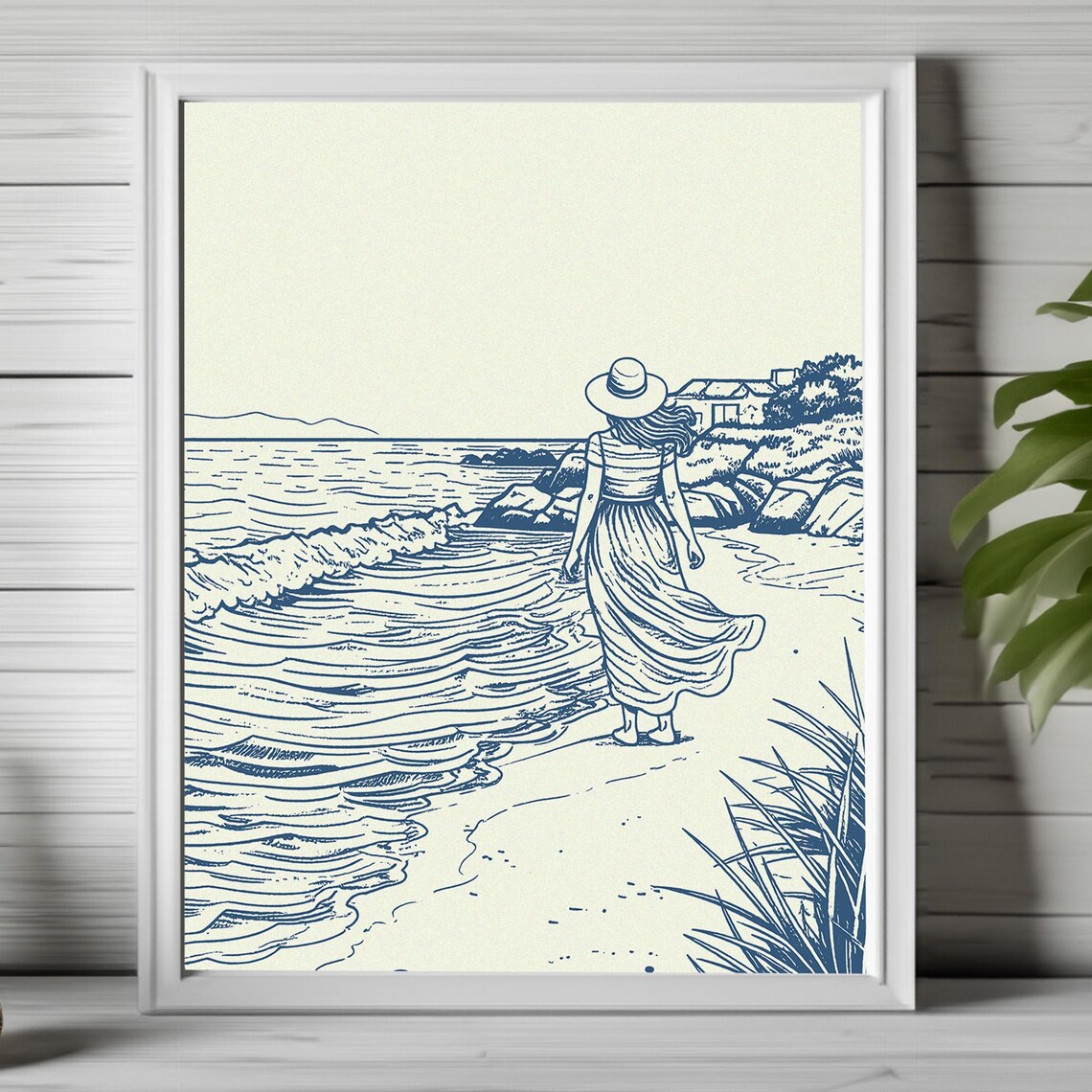 Woman Walking on Beach in Blue Ink Sketch Coastal Line Poster