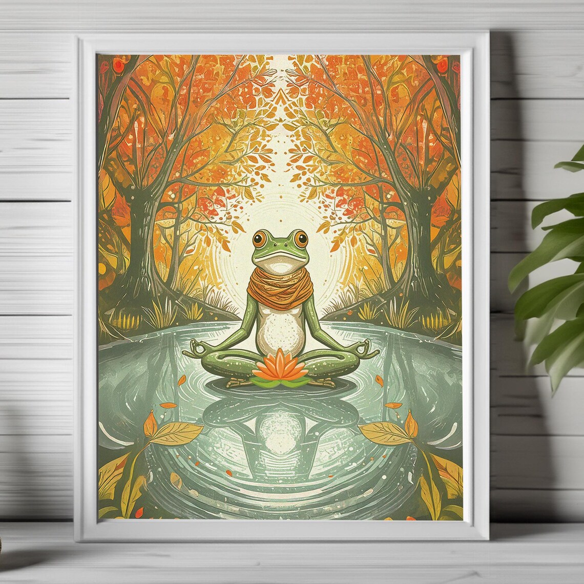 Meditating Frog Art Whimsical Yoga Print Autumn Wall Zen Poster Fall Room Meditation 270