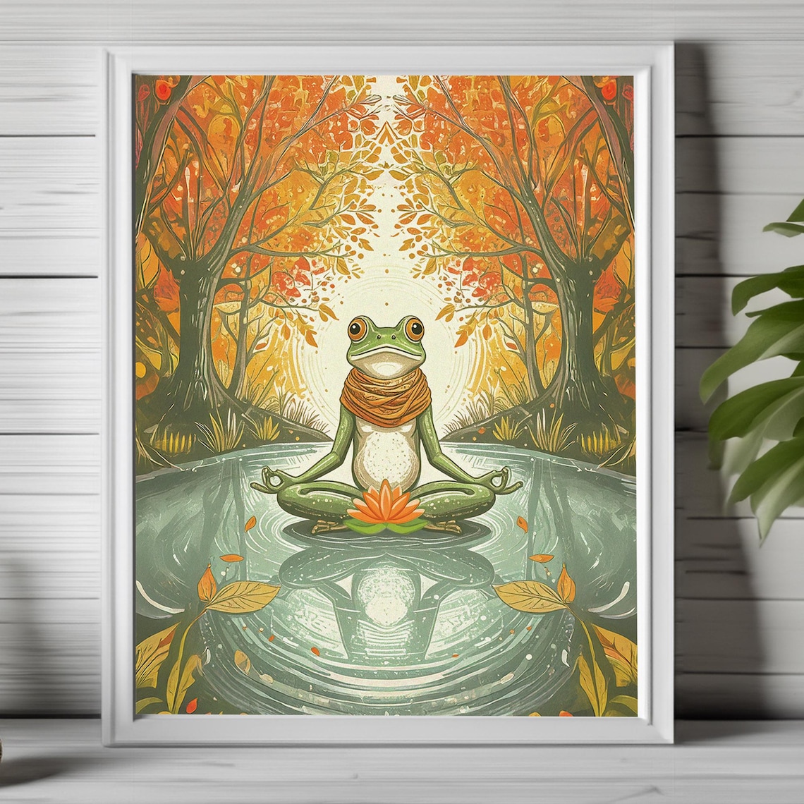 Meditating Frog Poster Zen Yoga Frog Autumn Forest Pond Lotus Flower