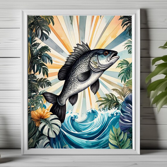 Leaping Bass Fish over Tropical Ocean Wave Sunburst Art Poster
