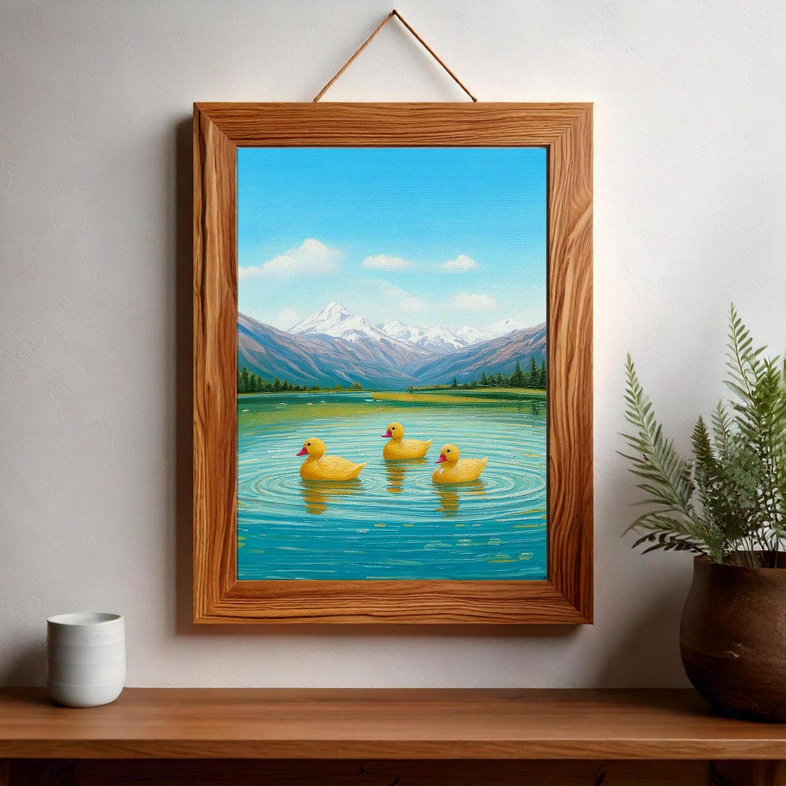 Three Yellow Ducklings on Mountain Lake Snowy Peaks Nature Art Poster - Image 2
