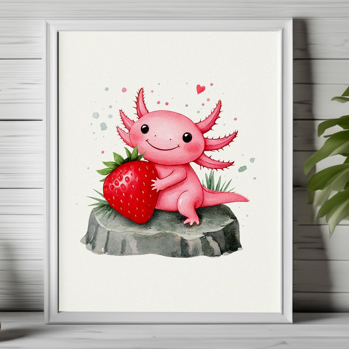 Cute Pink Axolotl Holding Strawberry Watercolor Kawaii Art Poster