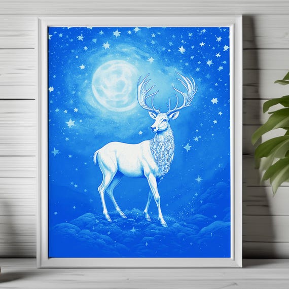 Celestial Deer Art Mystical Stag Illustration Blue Print Ethereal Animal Magical Artwork Spiritual Nature 128