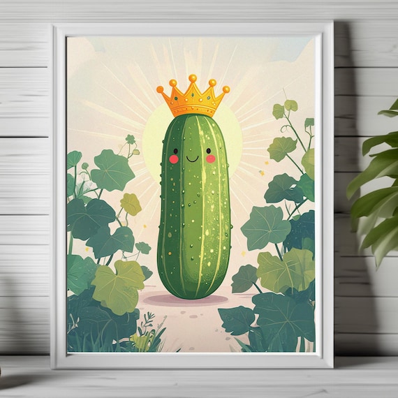 Cute Smiling Pickle King with Golden Crown Kawaii Kitchen Poster