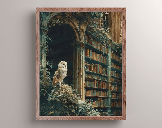 Barn Owl Gothic Stone Library Vines Old Books Bird Painting Wall Art