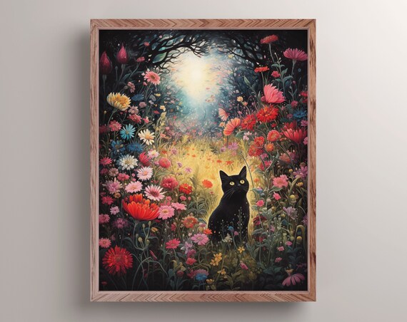 Black Cat Moonlit Wildflower Meadow Night Glow Magical Cat Painting Poster