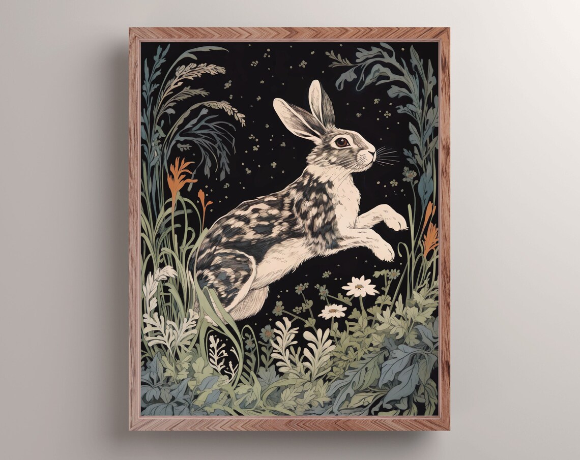 Leaping Hare Dark Forest Night Wildflowers Mystical Animal Painting Poster