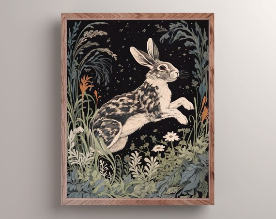 Leaping Hare Dark Forest Night Wildflowers Mystical Animal Painting Poster