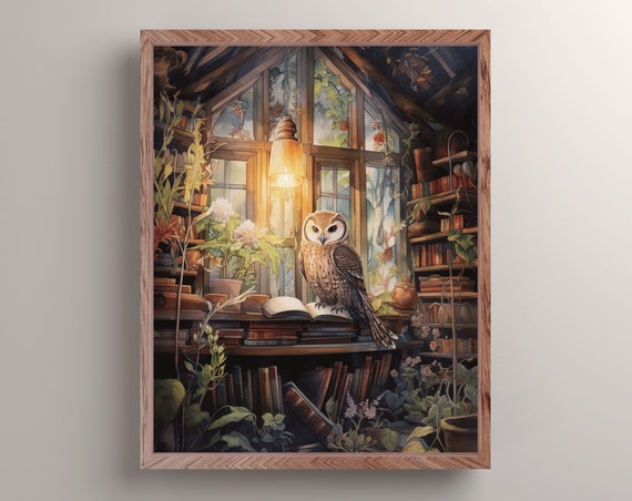 Wise Owl In Cottage Library Art Print Dark Academia Owl Wall Decor Moody Cottagecore Animal Wall Art Magic Bookish Poster Owl Lover Gift