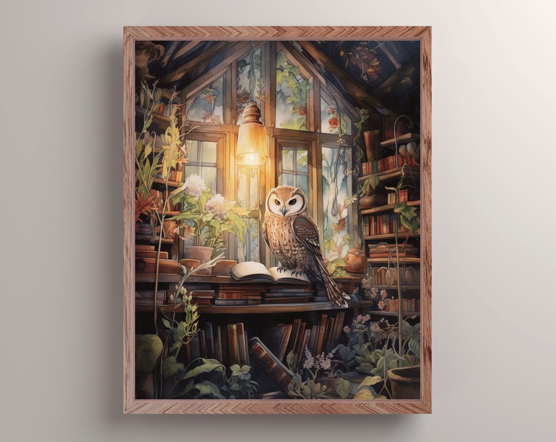 Owl Cozy Greenhouse Library Books Plants Warm Lamp Bird Painting Poster