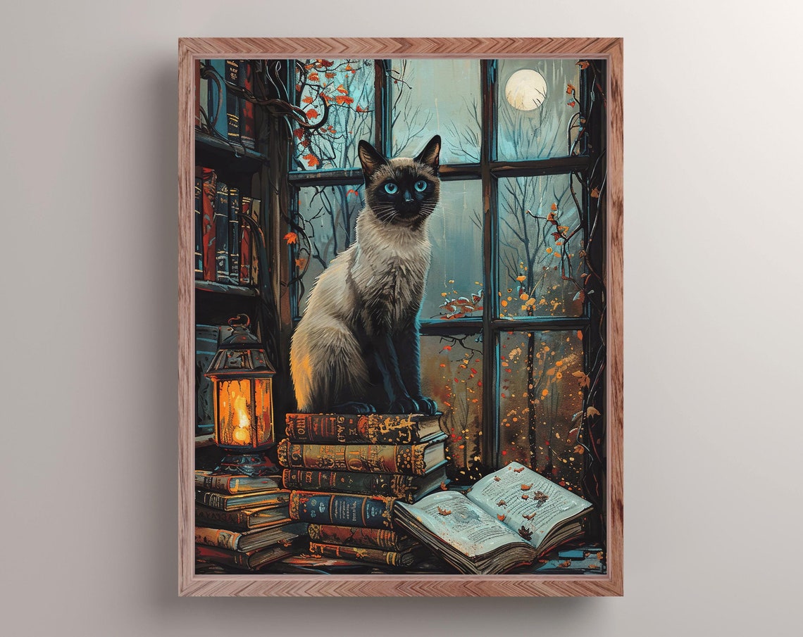 Siamese Cat On Stacked Books By A Moonlit Library Window Poster