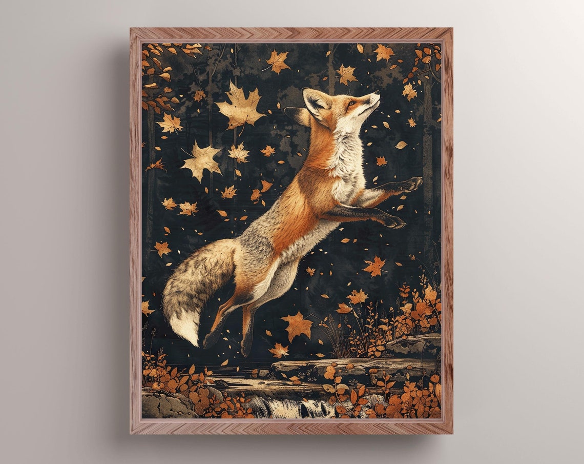 Red Fox Leaping Through Falling Autumn Leaves At Night Wall Art