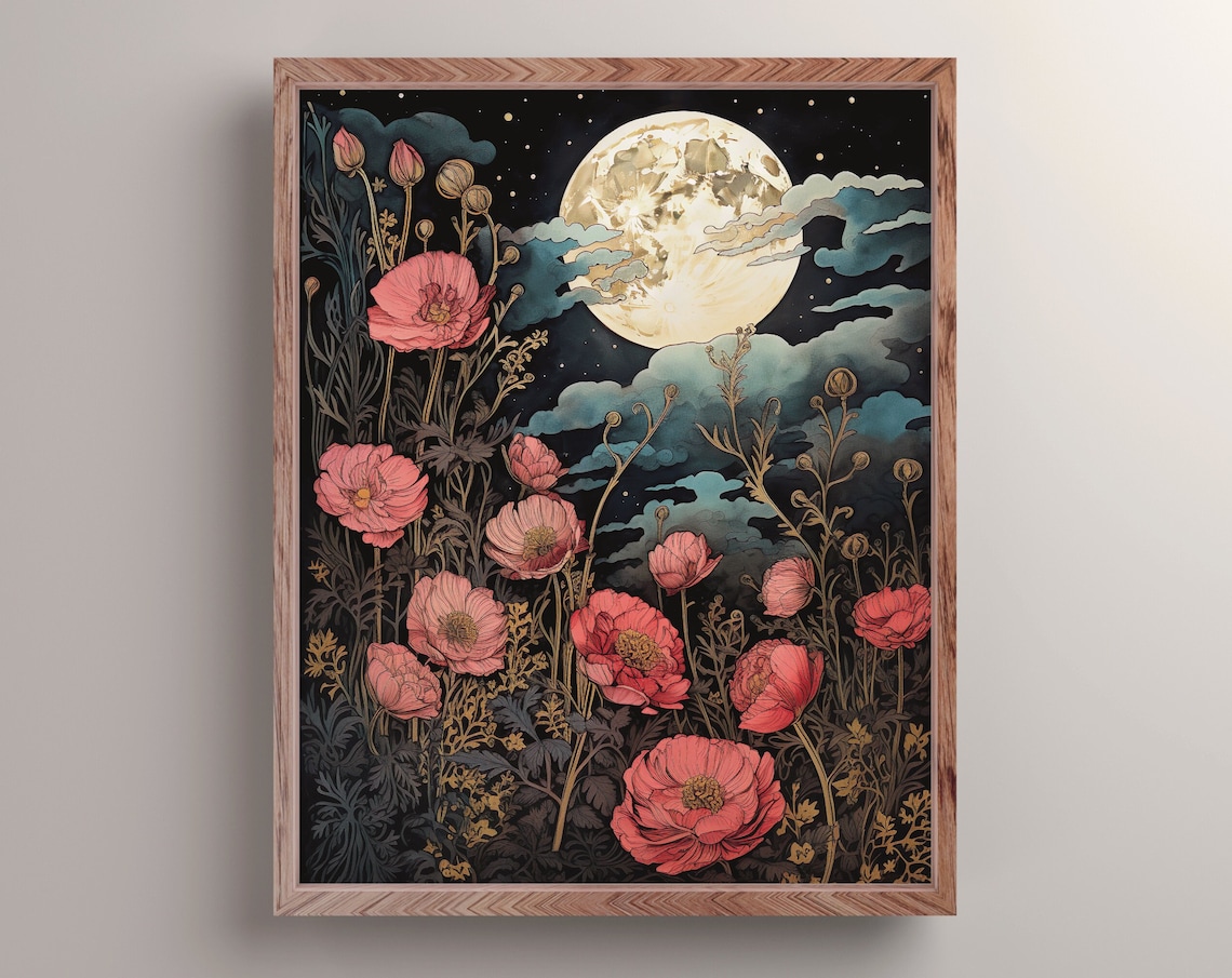 Pink Poppies Full Moon Night Sky Flowers Art Nouveau Painting Wall Art