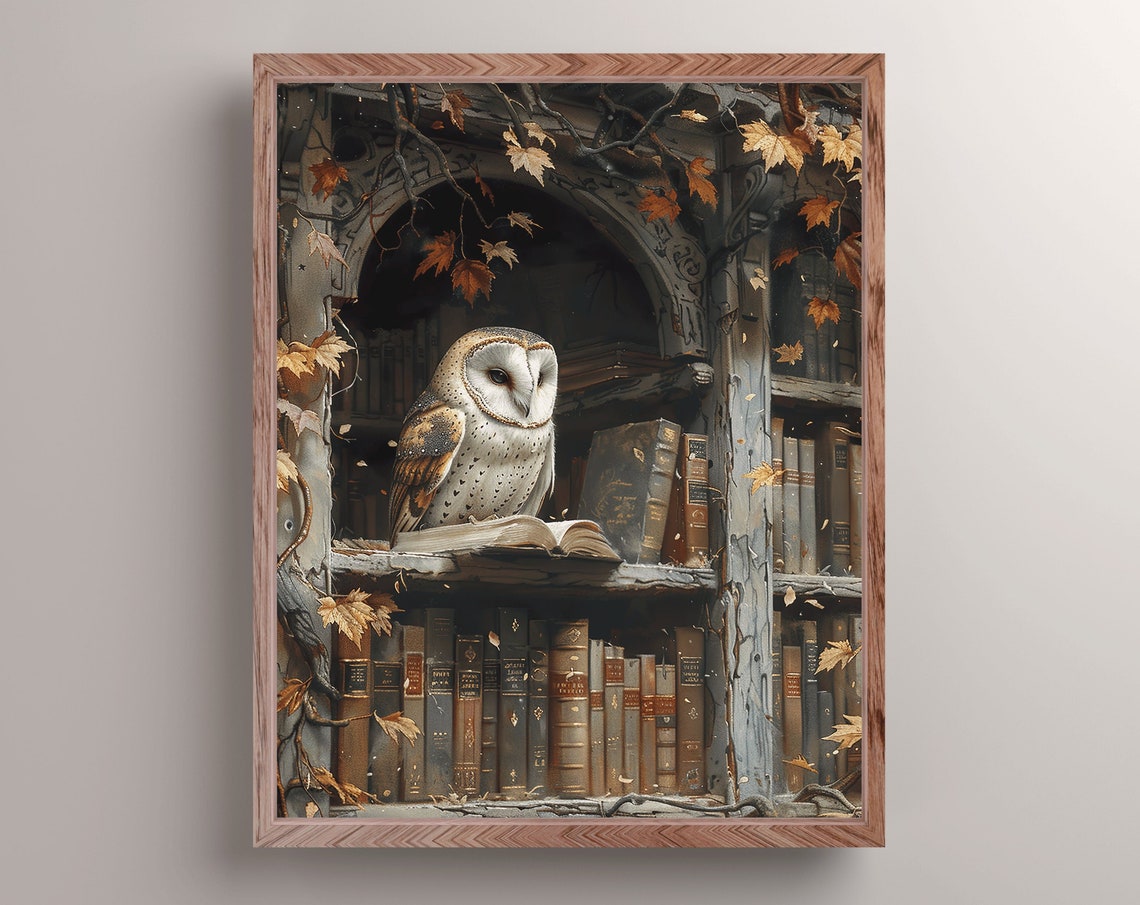 Barn Owl Bookshelf Autumn Leaves Vintage Library Bird Painting Poster
